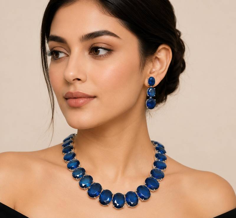 Blue ad stone rhodium-plated necklace set with earrings
