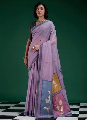Lavender handwoven saree with artistic floral patchwork pallu 1