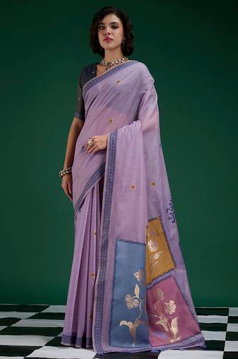 Lavender handwoven saree with artistic floral patchwork pallu