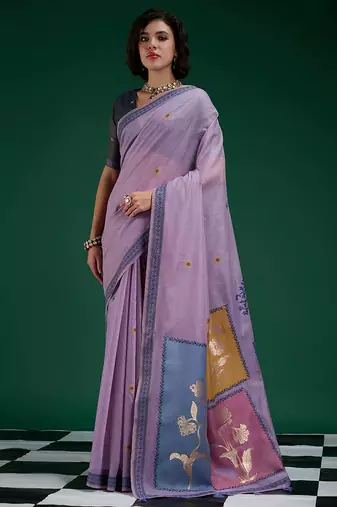 Lavender handwoven saree with artistic floral patchwork pallu