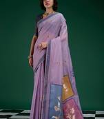 Lavender handwoven saree with artistic floral patchwork pallu
