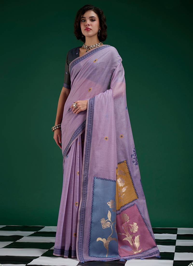 Lavender handwoven saree with artistic floral patchwork pallu