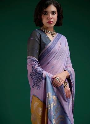 Lavender handwoven saree with artistic floral patchwork pallu 2