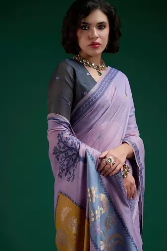 Lavender handwoven saree with artistic floral patchwork pallu