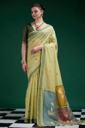 Olive handwoven saree with artistic floral patchwork pallu