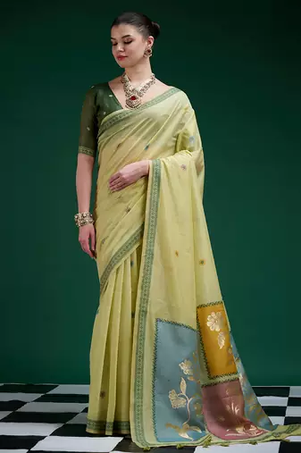 Olive handwoven saree with artistic floral patchwork pallu