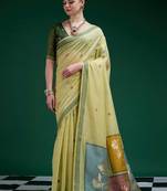 Olive handwoven saree with artistic floral patchwork pallu