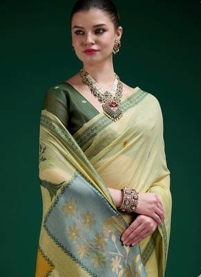 Olive handwoven saree with artistic floral patchwork pallu 2