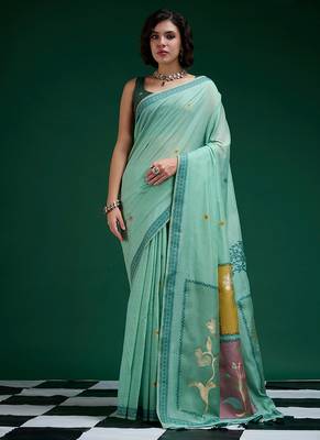 Turquoise handwoven saree with artistic floral patchwork pallu 1