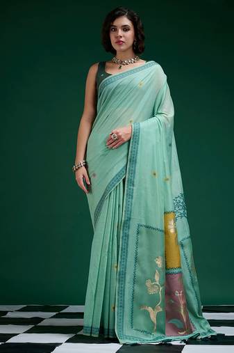 Turquoise handwoven saree with artistic floral patchwork pallu