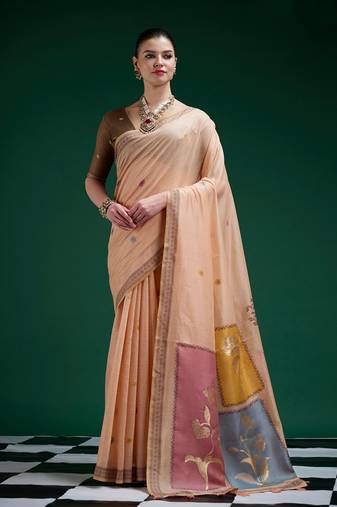 Peach handwoven saree with artistic floral patchwork pallu
