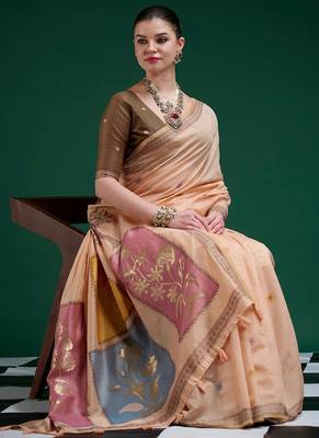 Peach handwoven saree with artistic floral patchwork pallu 2