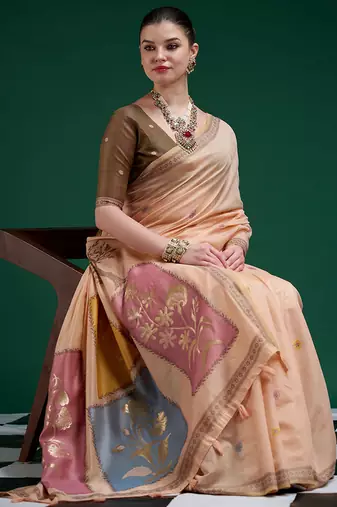 Peach handwoven saree with artistic floral patchwork pallu