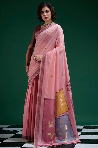 Pink handwoven saree with artistic floral patchwork pallu