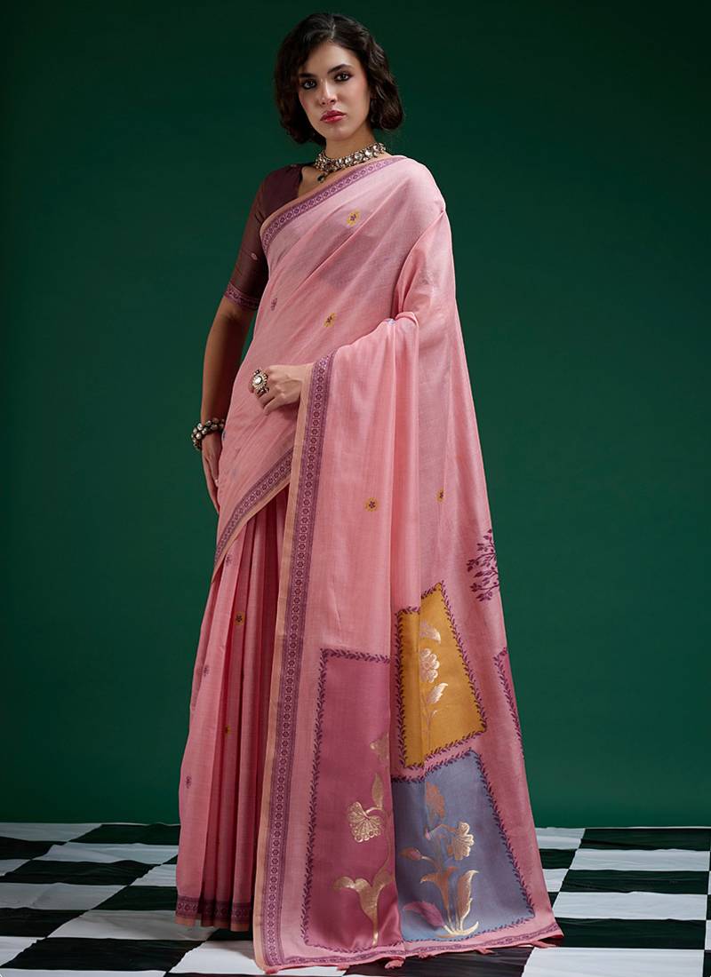 Pink handwoven saree with artistic floral patchwork pallu