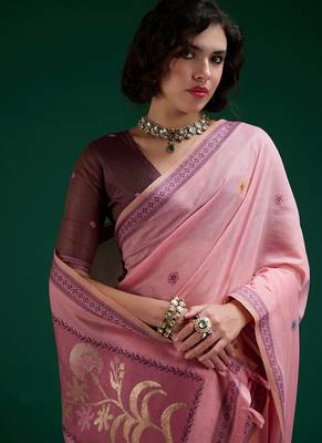 Pink handwoven saree with artistic floral patchwork pallu 2
