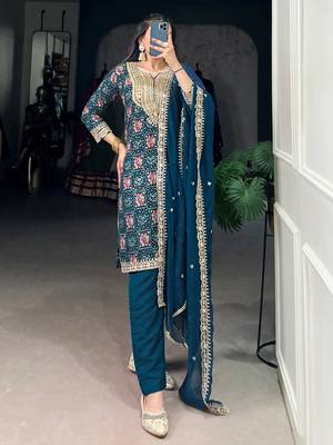 Awesome Teal Blue Printed Rayon Wedding Wear Pant Suit 1