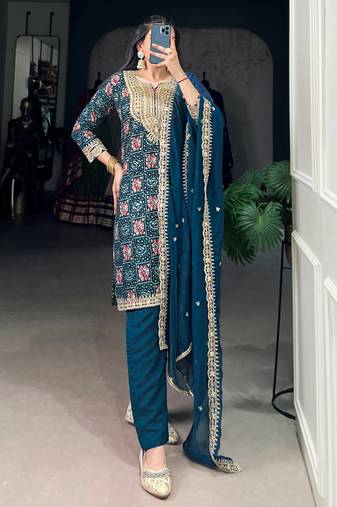 Awesome Teal Blue Printed Rayon Wedding Wear Pant Suit