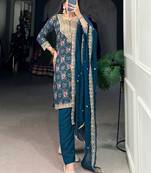 Awesome Teal Blue Printed Rayon Wedding Wear Pant Suit