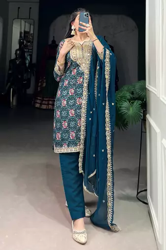 Awesome Teal Blue Printed Rayon Wedding Wear Pant Suit