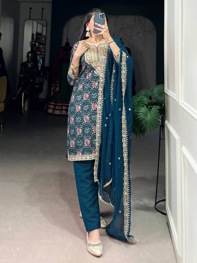Awesome Teal Blue Printed Rayon Wedding Wear Pant Suit