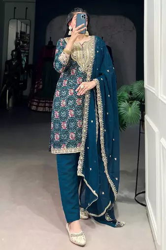 Awesome Teal Blue Printed Rayon Wedding Wear Pant Suit