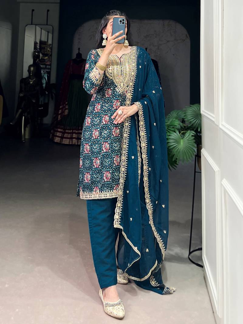 Awesome Teal Blue Printed Rayon Wedding Wear Pant Suit