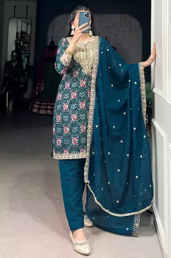 Awesome Teal Blue Printed Rayon Wedding Wear Pant Suit