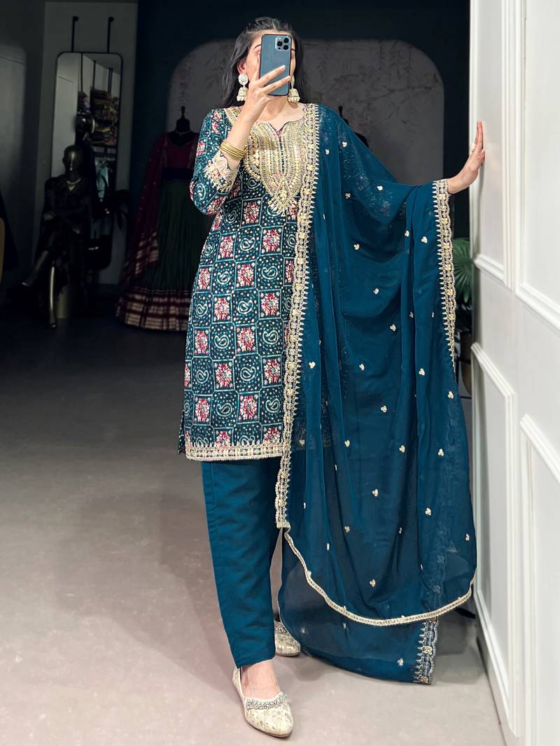 Awesome Teal Blue Printed Rayon Wedding Wear Pant Suit