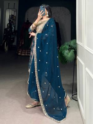 Awesome Teal Blue Printed Rayon Wedding Wear Pant Suit 5
