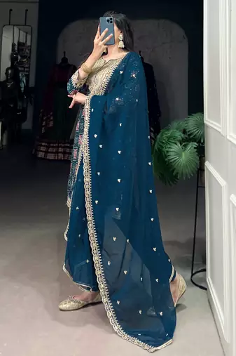 Awesome Teal Blue Printed Rayon Wedding Wear Pant Suit