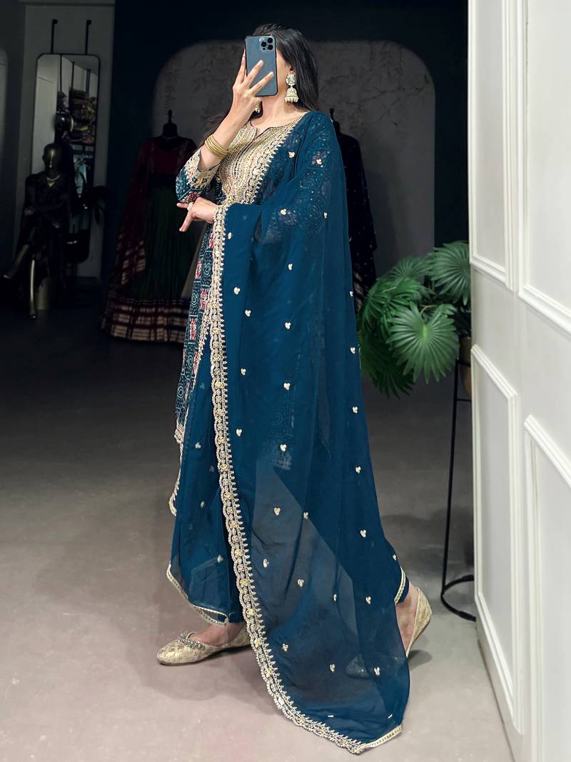 Awesome Teal Blue Printed Rayon Wedding Wear Pant Suit