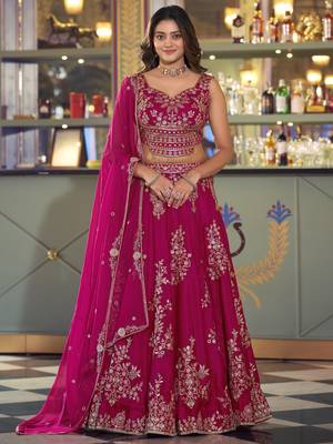 Hot Pink Thread Work Silk Engagement Wear Lehenga Choli 1