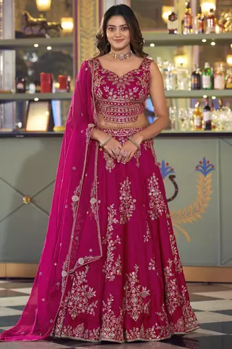 Stylish Hot Pink Thread Work Silk Engagement Wear Lehenga Choli