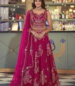 Stylish Hot Pink Thread Work Silk Engagement Wear Lehenga Choli