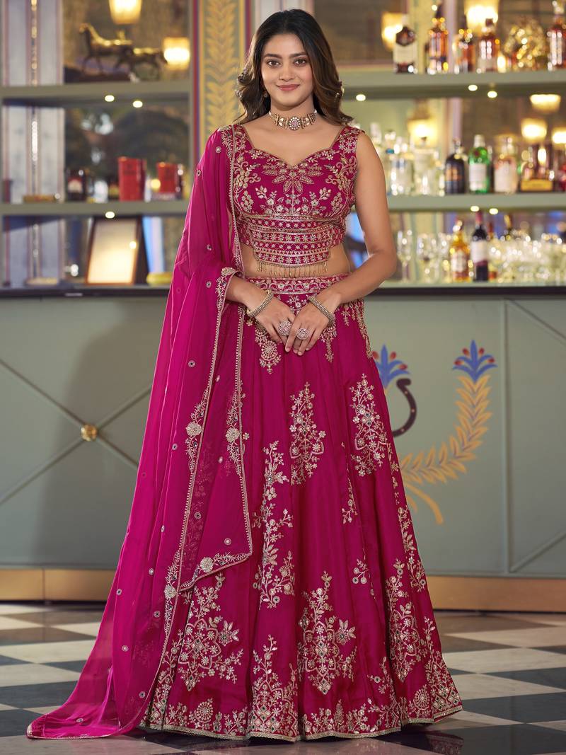 Stylish Hot Pink Thread Work Silk Engagement Wear Lehenga Choli