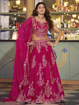 Hot Pink Thread Work Silk Engagement Wear Lehenga Choli 2