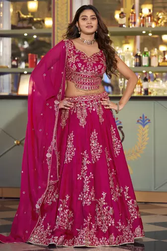 Stylish Hot Pink Thread Work Silk Engagement Wear Lehenga Choli