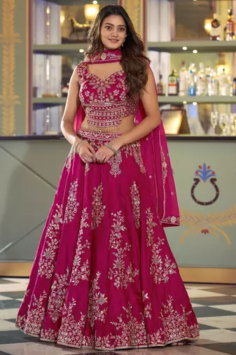 Stylish Hot Pink Thread Work Silk Engagement Wear Lehenga Choli