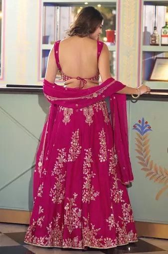 Stylish Hot Pink Thread Work Silk Engagement Wear Lehenga Choli