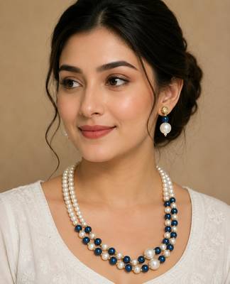 Blue color necklace set with earrings, moti & agate stone, gold plated 4