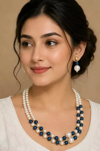 Blue color necklace set with earrings, moti & agate stone, gold plated