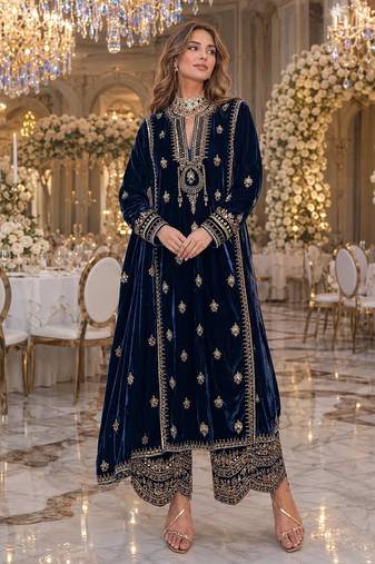 Blue embroidered velvet salwar suit