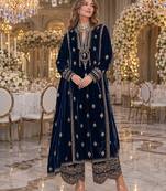 Blue embroidered velvet salwar suit