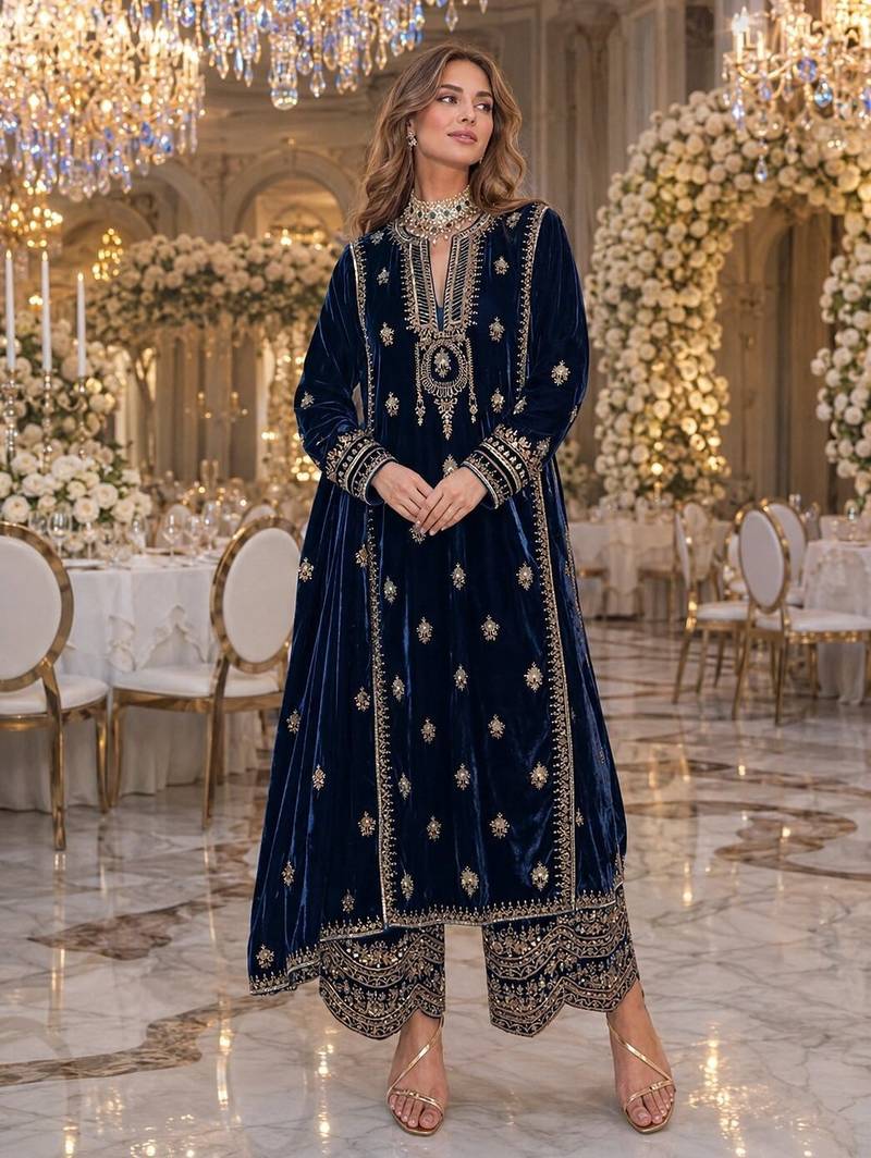 Blue embroidered velvet salwar suit