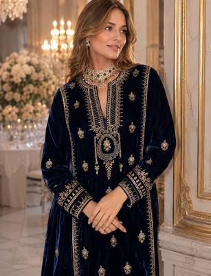 Blue embroidered velvet salwar suit 2