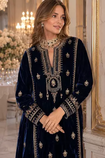 Blue embroidered velvet salwar suit