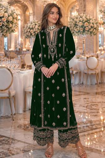 Green embroidered velvet salwar suit