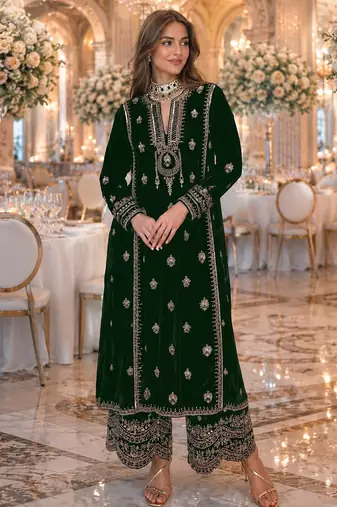 Green embroidered velvet salwar suit