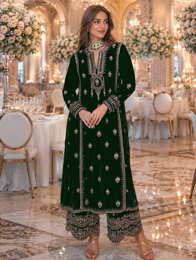Green embroidered velvet salwar suit